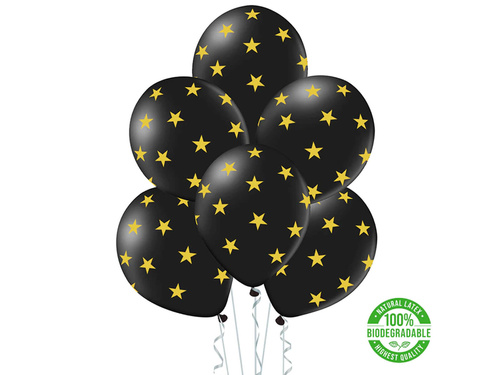 Baloane din latex negru cu stele aurii - 30 cm - 5 buc.