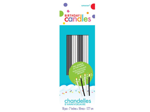 Lumânări aniversare cu sclipici - alb și negru - 18 cm - 18 buc.