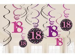 Vârtejuri de decor agățat pentru a 18-a aniversare roz - 12 buc.