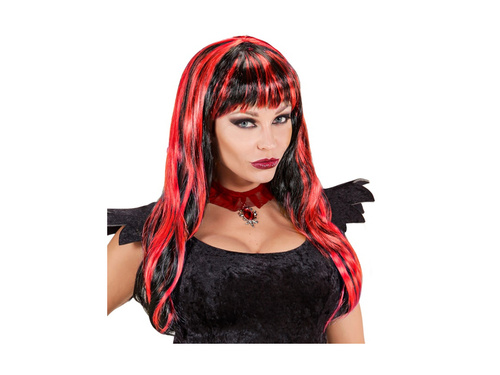 Peruca neagră de Halloween cu accente roșii