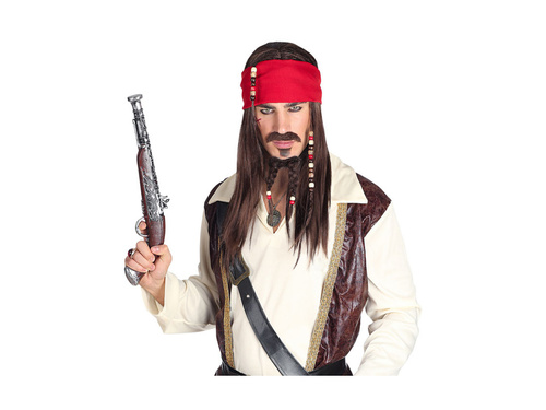 Peruca Piratul din Caraibe cu bandană, mustață și cioc cu mărgele
