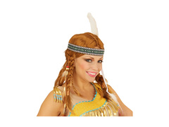 Peruca indiană Chippewa cu împletituri, margele, bentiță și pene