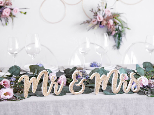 Mr & Mrs decor de masă din lemn cu sclipici auriu - 1 op.