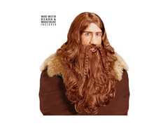 Peruca vikingă maro cu barbă și mustață