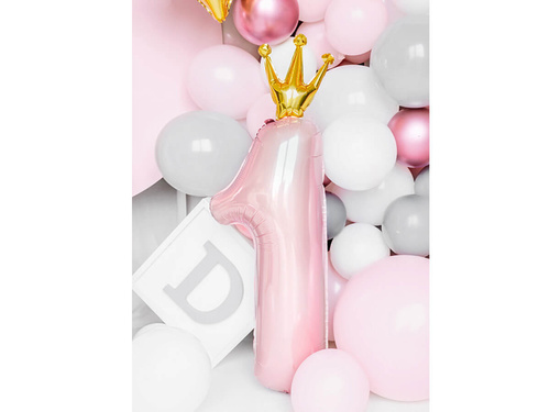 Balon din folie numărul 1 în coroană roz deschis - 90 cm - 1 buc.
