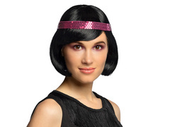Peruca retro neagră cu bandă roz - 1 buc.