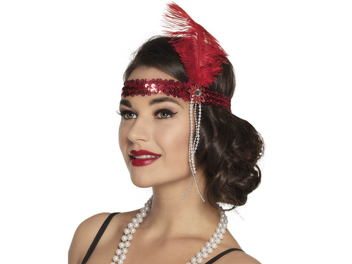 Bentiță retro roșie cu pene și mărgele - 1 buc.