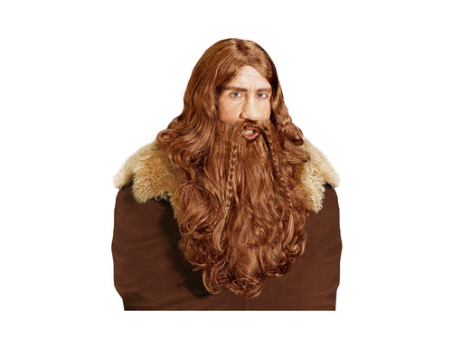 Peruca vikingă maro cu barbă și mustață