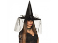 Pălărie de vrăjitoare neagră cu voal pentru Halloween - 1 buc.