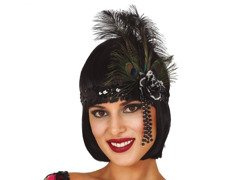 Bentiță retro neagră cu pene și mărgele - 1 buc.