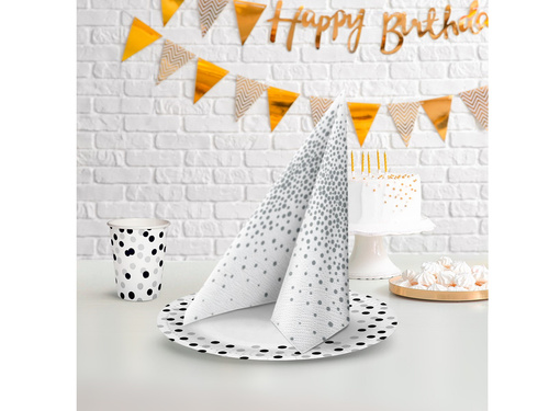 Farfurii aniversare Confetti argintiu și negru - 18 cm - 8 buc.