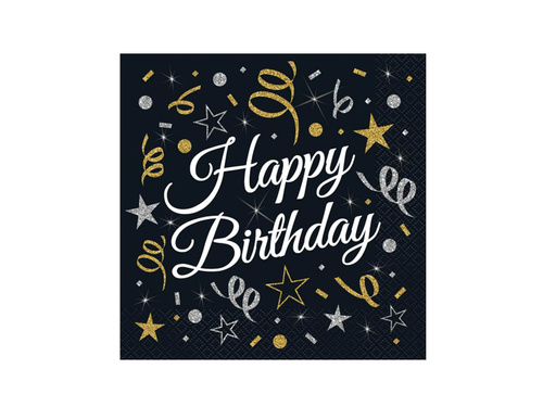 Șervețele Happy Birthday negru - 33 cm - 20 buc.