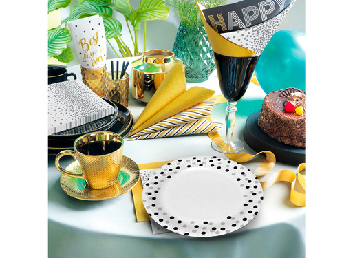 Farfurii aniversare Confetti argintiu și negru - 18 cm - 8 buc.